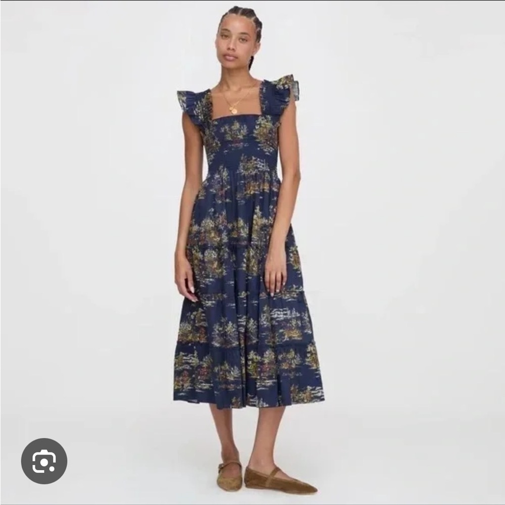 Hill House Navy Floral Midi Dress with Ruffled Straps